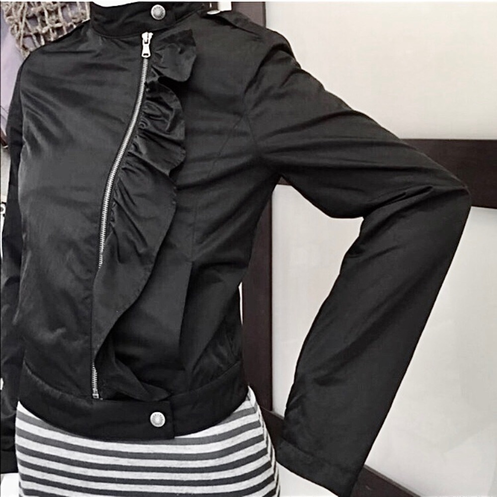 BENNETON SISLEY Black Lined Ruffle Moto Zip-Up Windbreaker Jacket w/Pockets XS